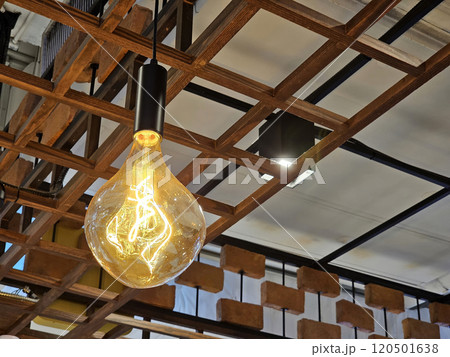 Vintage oversized bulb hanging on ceiling. Vintage oversized bulb hanging on ceiling. 120501638