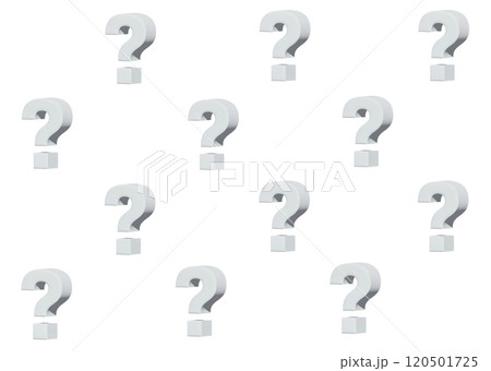 左回り向きの銀色の立体的なはてなマークのアイコンが並ぶ模様 120501725