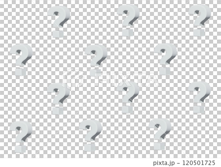 左回り向きの銀色の立体的なはてなマークのアイコンが並ぶ模様 120501725