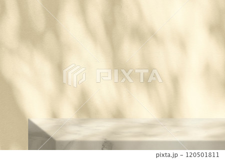 Marble Table with Beige Stucco Wall Texture Background with Light Beam, Bokeh and Shadow 120501811