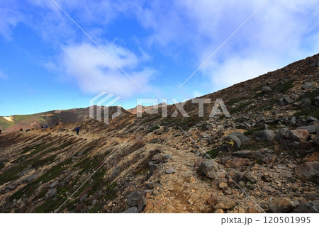 那須岳の峰の茶屋付近の登山道から見る朝日岳 120501995
