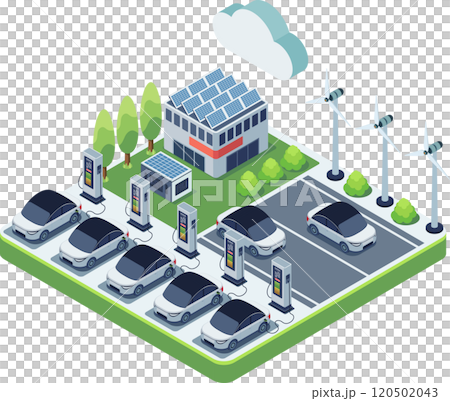Isometric Electric Cars at EV Charging Station and Infrastructure Isometric Electric Cars at EV Charging Station and Infrastructure 120502043