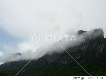 Cloud and fog cover limestone mountain in the rainy season, Green forest and rock at Khao Sam Roi Yot National Park, Thailand Cloud and fog cover limestone mountain in the rainy season, Green forest and rock at Khao Sam Roi Yot National Park, Thailand 120502181