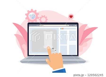 Hand touches laptop screen to select search by image, SEO Search Engine Optimization concept. Search with Ai assistant, websites to rank search engines. 120502245
