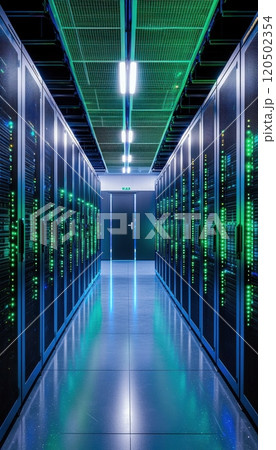 Modern Data Center with Organized Server Racks and Vibrant LED Lights 120502354