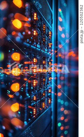 Blinking Server Lights in Data Center with Cables and Connections for IT Infrastructure Concept 120502362