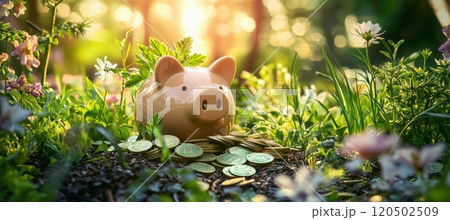 Sustainable Financial Habits: Piggy Bank with Eco-Friendly Coins in Lush Garden 120502509