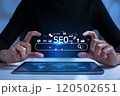 SEO Search Engine Optimization concept. The search bar shows SEO tools icons on your website with AI assistants, user analytics, content creation, and search algorithm improvements. 120502651