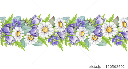 Springtime flowers seamless border decor element. Hand drawn vintage style watercolor illustration. Primrose flowers, daisies, green fern leaves decorative border on white background Springtime flowers seamless border decor element. Hand drawn vintage style watercolor illustration. Primrose flowers, daisies, green fern leaves decorative border on white background 120502692