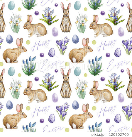Cute bunnies surrounded by spring flowers, painted eggs. Hand drawn seamless pattern decor with primroses, snowdrops, daffodils and crocuses. Easter decor, backgrounds, seasonal designs element Cute bunnies surrounded by spring flowers, painted eggs. Hand drawn seamless pattern decor with primroses, snowdrops, daffodils and crocuses. Easter decor, backgrounds, seasonal designs element 120502700