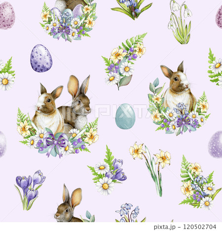Easter mood festive seamless pattern in vintage style with cute bunnies, pastel colored eggs and primrose floral bouquets. Perfect for spring decor, gift wrap, holiday designs. Lavender background Easter mood festive seamless pattern in vintage style with cute bunnies, pastel colored eggs and primrose floral bouquets. Perfect for spring decor, gift wrap, holiday designs. Lavender background 120502704