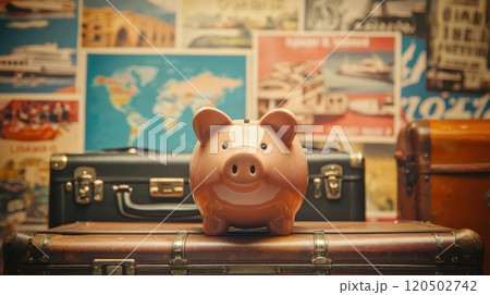 Saving for Nostalgic Adventures: Retro Travel Agency with Piggy Bank and Vintage Posters 120502742