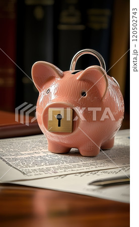 Secure Savings Concept Piggy Bank with Lock on Lawyers Desk for Financial Protection 120502743