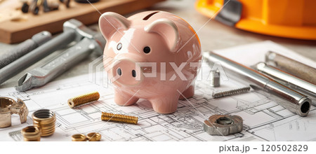 Piggy Bank and Tools on Desk: Saving for DIY Projects and Home Improvement Ideas 120502829