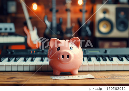Musical Savings Concept: Piggy Bank with Instruments for Music Lessons and Recording Musical Savings Concept: Piggy Bank with Instruments for Music Lessons and Recording 120502912