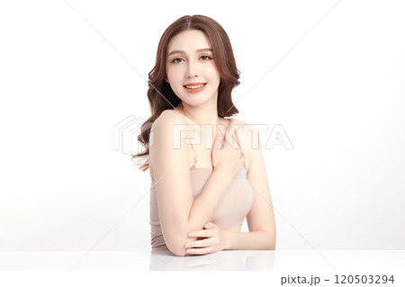 Beautiful young asian woman with clean fresh skin on white background, Face care, Facial treatment, Cosmetology, beauty and spa, Asian women portrait. Beautiful young asian woman with clean fresh skin on white background, Face care, Facial treatment, Cosmetology, beauty and spa, Asian women portrait. 120503294