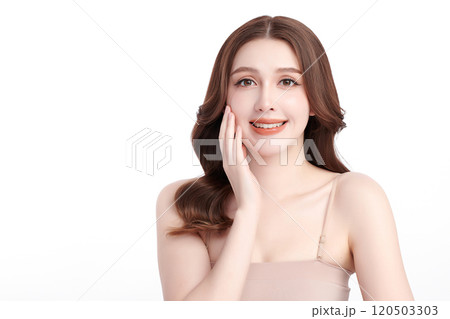 Beautiful young asian woman with clean fresh skin on white background, Face care, Facial treatment, Cosmetology, beauty and spa, Asian women portrait. 120503303