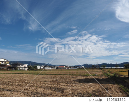 秋の空と香長平野 （四国山脈と収穫後の田んぼのある田園風景） 120503322