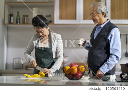 asian old couple talking chatting in kitchen 120503430