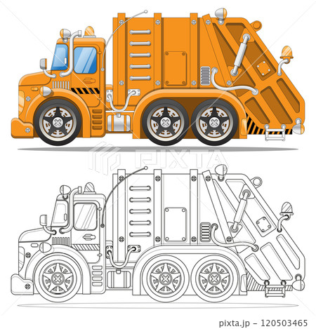 Garbage truck. Side view. Coloring. Isolated on white background. Vector illustration. Garbage truck. Side view. Coloring. Isolated on white background. Vector illustration. 120503465