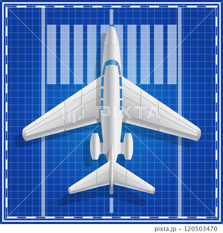 Private jet plane on takeoff. View from above. Vector illustration. 120503470