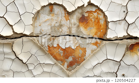 Rusty heart on cracked wall: symbol of time and decay 120504227