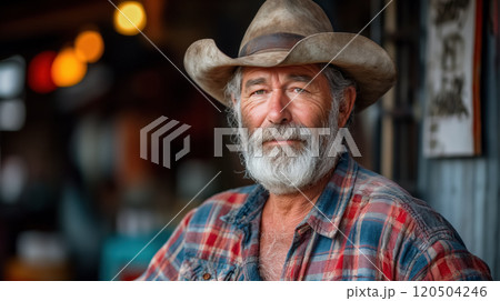 Rugged cowboy in plaid shirt and hat amid rustic setting 120504246
