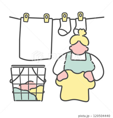 洗濯物を干すシンプルな線画女性 イラストのイラスト素材 [120504440