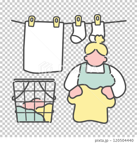 Simple line drawing of a woman hanging out laundry illustration 120504440