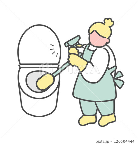 トイレ掃除をするシンプルな線画女性　イラスト 120504444