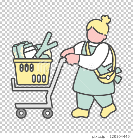 ショッピングカートを押しながら買い物をするシンプルな線画女性　イラスト 120504449
