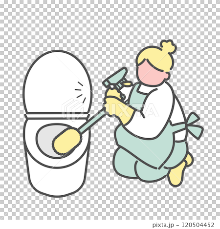 トイレ掃除をするシンプルな線画女性　イラスト 120504452