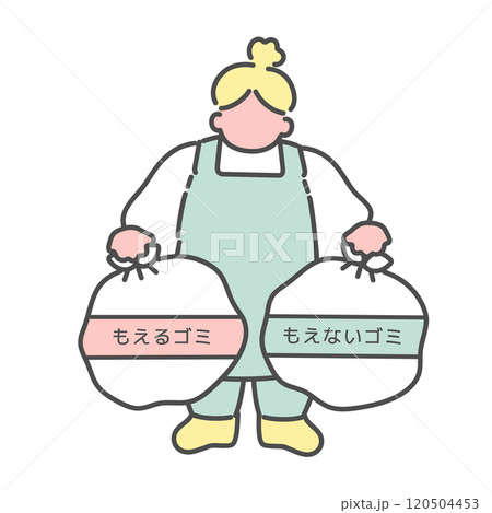 ゴミ出しをするシンプルな線画女性　イラスト 120504453
