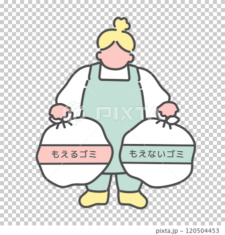 ゴミ出しをするシンプルな線画女性　イラスト 120504453