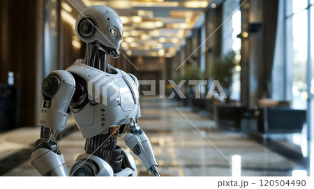Advanced robot in a modern lobby interior. Advanced robot in a modern lobby interior. 120504490