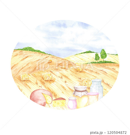 Hand drawn watercolor autumn field landscape with and dairy products isolated on white background. Can be used for postcard, label, scrapbook and other printed products. 120504872