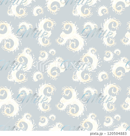 Hand drawn watercolor milk splashes with sign milk seamless pattern isolated on blue background. Can be used for textile, fabric, scrapbook and other printed products. Hand drawn watercolor milk splashes with sign milk seamless pattern isolated on blue background. Can be used for textile, fabric, scrapbook and other printed products. 120504883