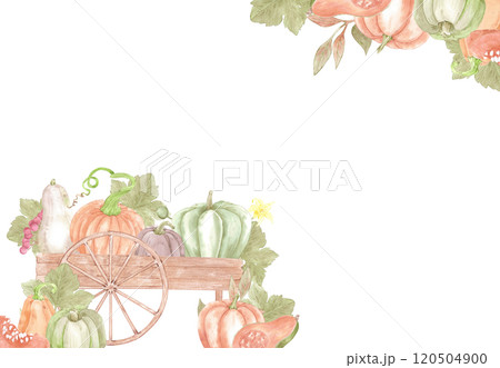 Hand drawn watercolor ripe pumpkins in the wooden cart and leaves frame border isolated on white background. Rural illustration Can be used for postcard, business card and other printed products. 120504900