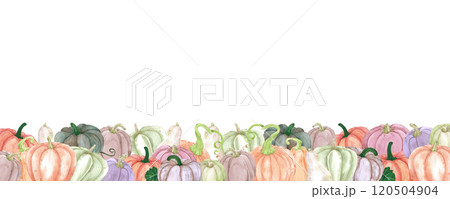 Hand drawn watercolor autumn pumpkins banner frame border isolated on white background. Rural illustration Can be used for banner, label, scrapbook and other printed products. 120504904