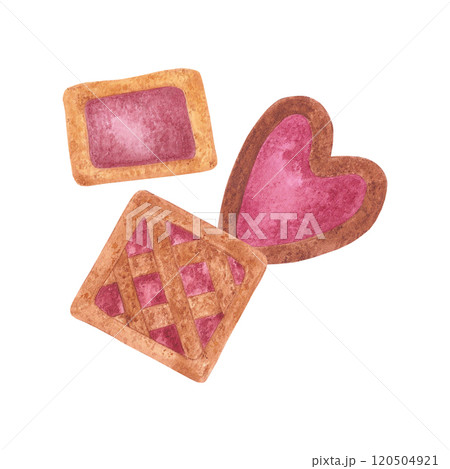 Hand drawn watercolor autumn cookies with jam composition isolated on white background. Can be used for postcard, label, scrapbook and other printed products. Hand drawn watercolor autumn cookies with jam composition isolated on white background. Can be used for postcard, label, scrapbook and other printed products. 120504921