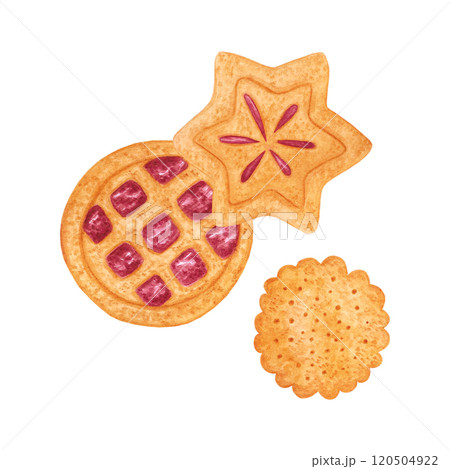 Hand drawn watercolor autumn cookies with jam composition isolated on white background. Can be used for postcard, label, scrapbook and other printed products. Hand drawn watercolor autumn cookies with jam composition isolated on white background. Can be used for postcard, label, scrapbook and other printed products. 120504922