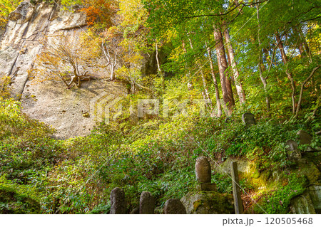 紅葉に彩られた山寺・せみ塚からの景観 120505468