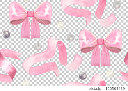 A satin bow, ribbon, pearls watercolor seamless pink pattern isolated on white. Hand drawn design elements perfect for wrapping paper, textile, background, websites, cards, poster, mother day decor 120505489