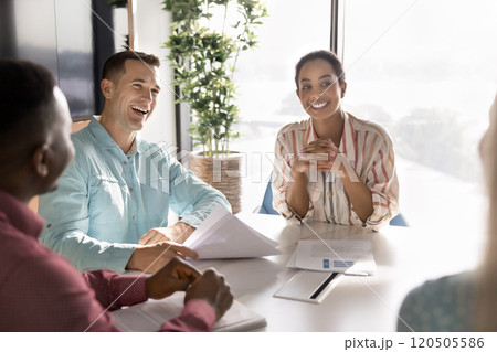 Happy young diverse business colleagues meeting for teamwork Happy young diverse business colleagues meeting for teamwork 120505586