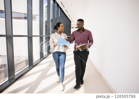 Couple of positive confident African coworkers walking in office hallway 120505788