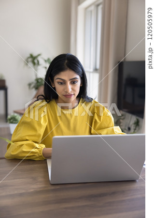 Focused freelance employee woman working at home 120505979