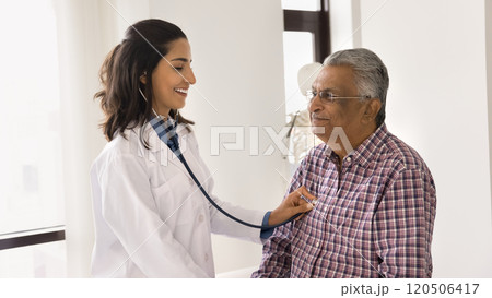 Cardiologist checks heartbeat of older man hospital patient 120506417