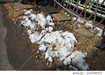 土の地面に溶け残る雪 120506471