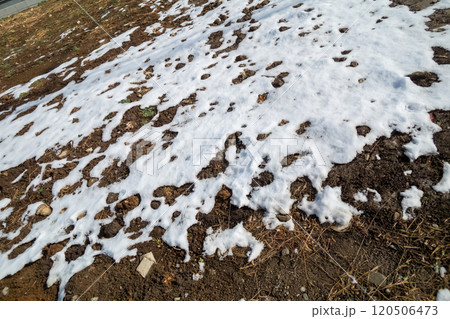 土の地面に溶け残る雪 120506473