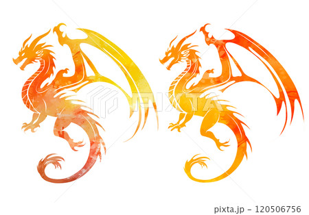 Vector set of yelloe watercolor dragon silhouette clip arts. Collection of orange silhouette dragons with wings isolated from background. 120506756